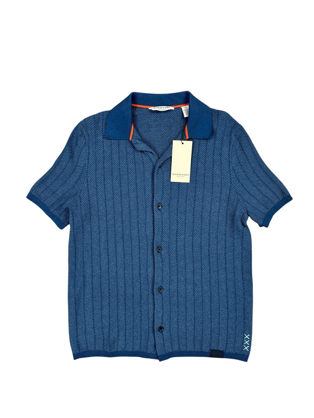 Scotch & Soda Dark Denim Button Front Short Sleeve Sweater Shirt — Size Small